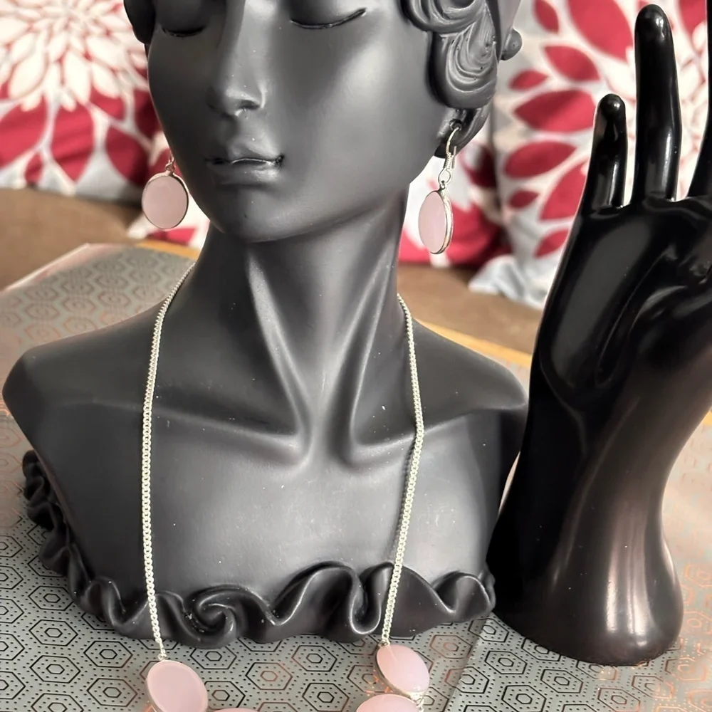 Pink stone necklace and earrings set #PinkJewels Pink stone silver chain